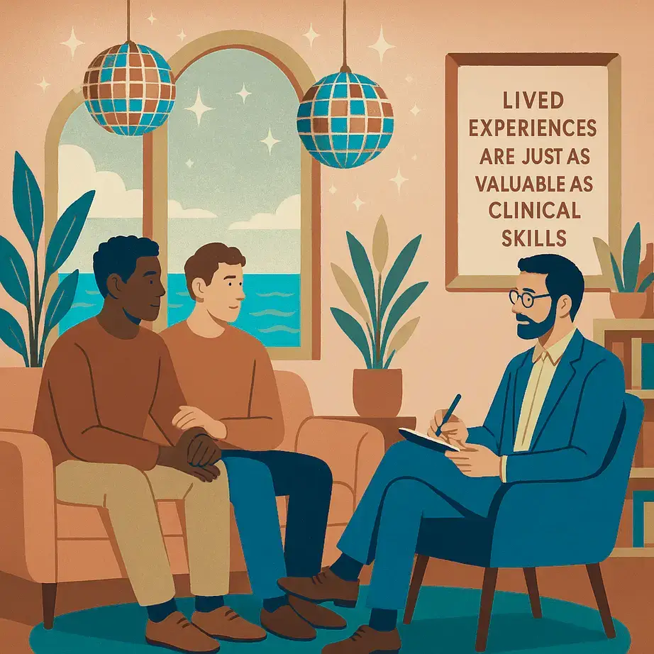 Text Reads "Lived Experiences are just as valuable as clinical skills" Fire Island Pines Psychotherapy New York State Queer Therapy Practice Home Page Image.