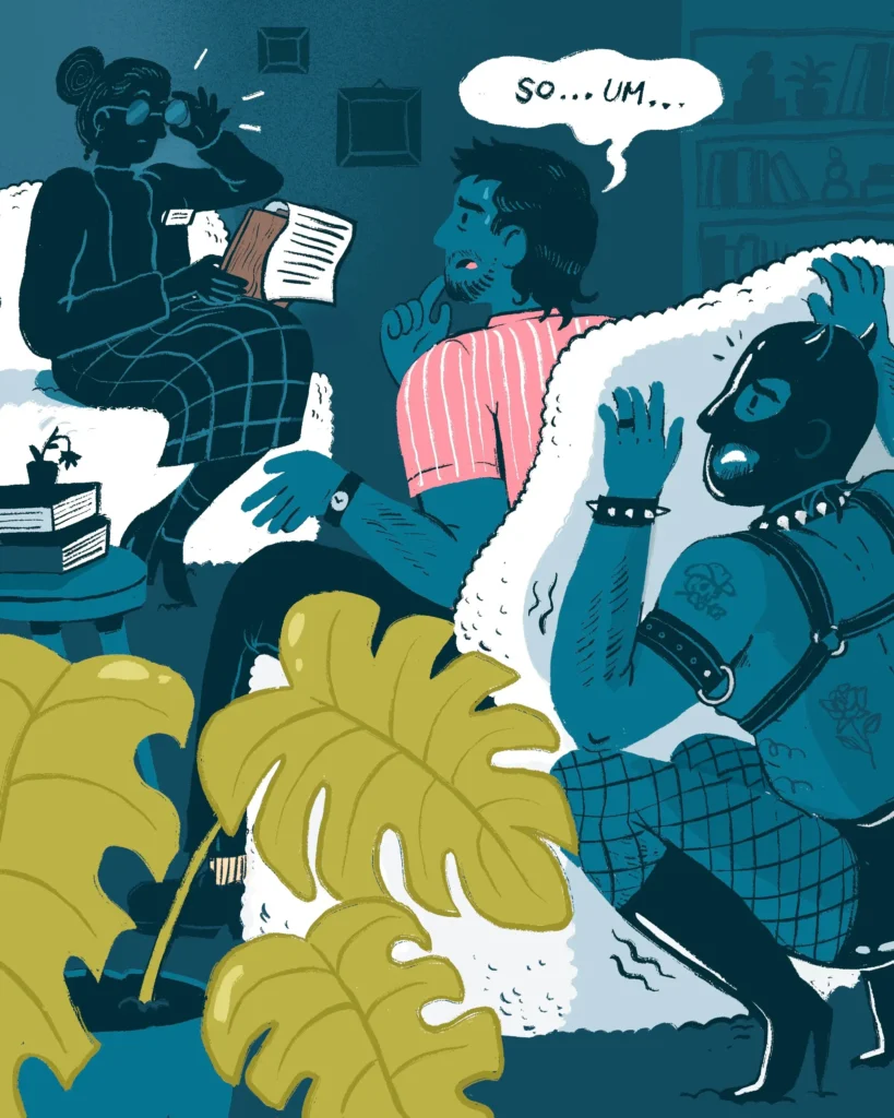 Sex Therapy Illustration showing a fictional client with a thought bubble of their private self hiding behind the couch while saying "So... um" to a fictional therapist.